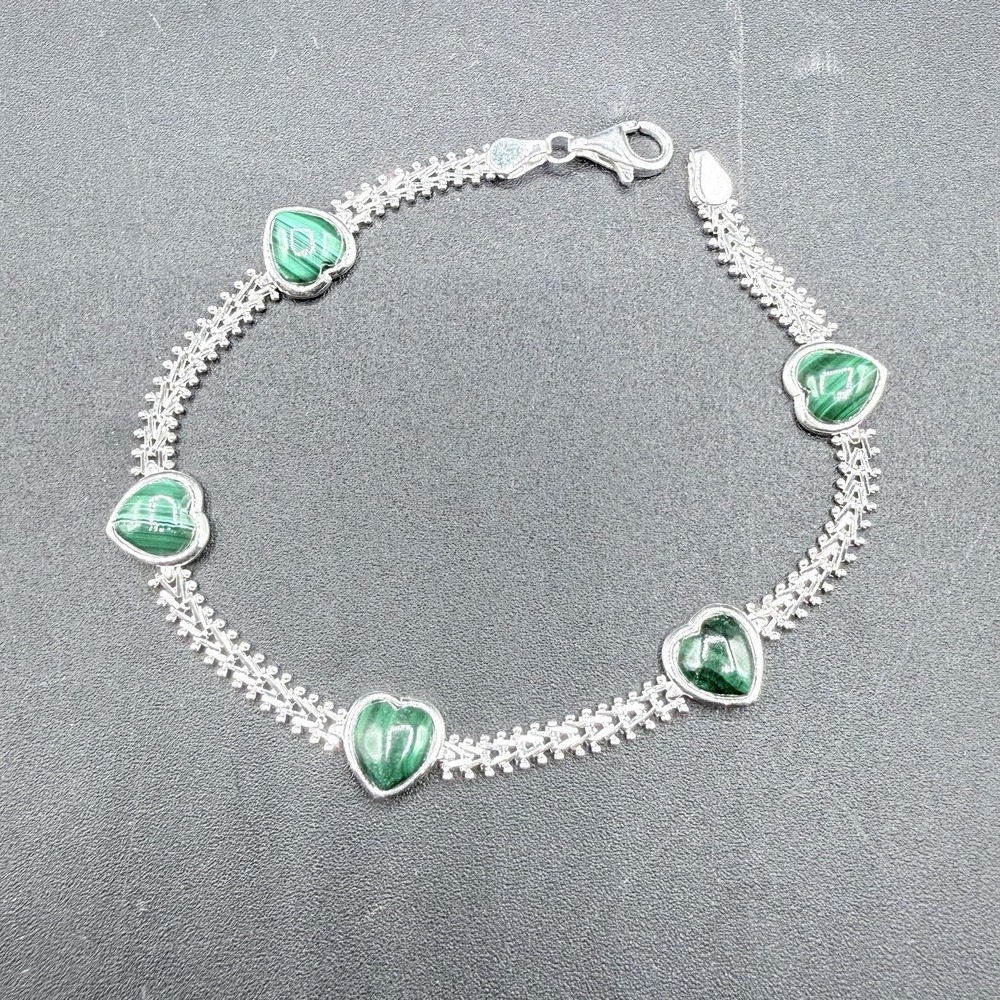 925 Sterling Silver Malachite Heart Link Chain Bracelet 8" Green Stone VTG - Picture 4 of 9